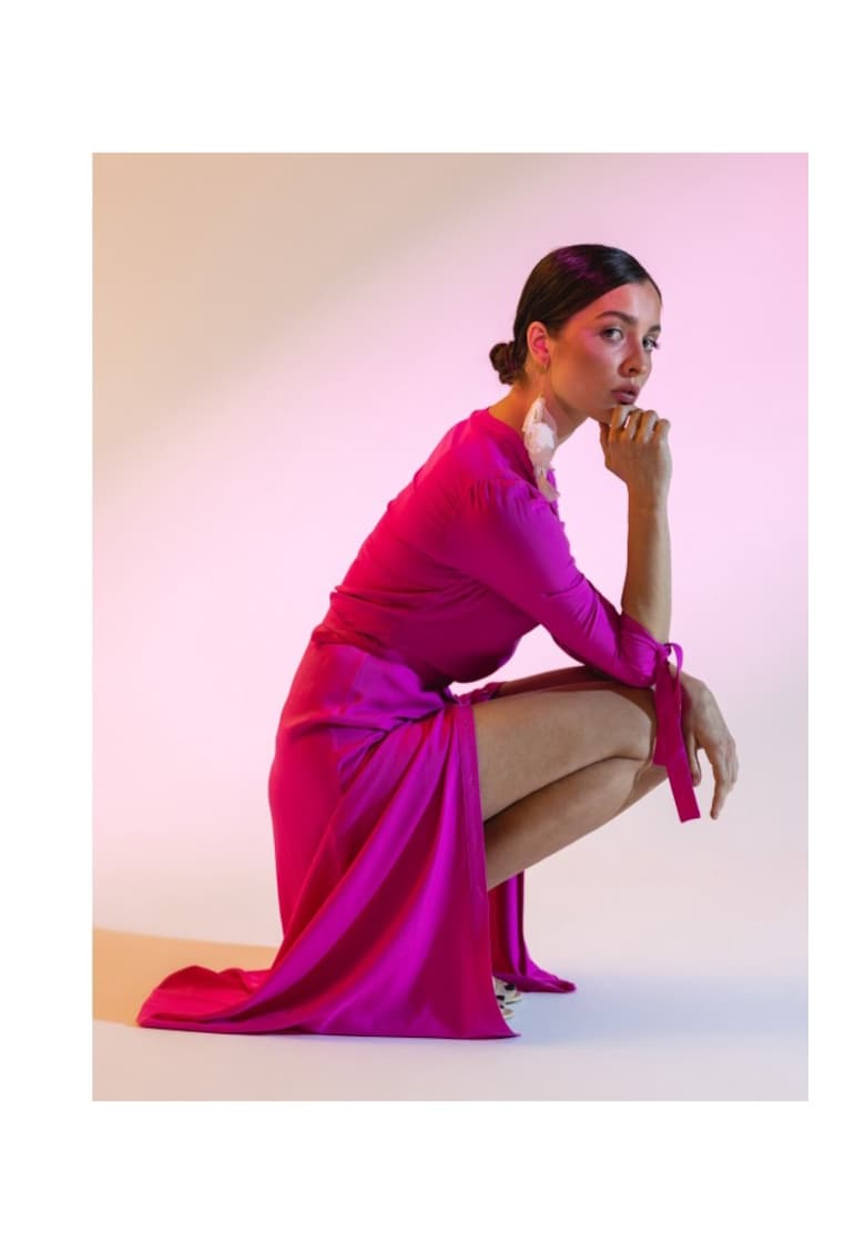 Rochie dama - midi cu mansete legate - Poliester - Rosu - Liliac