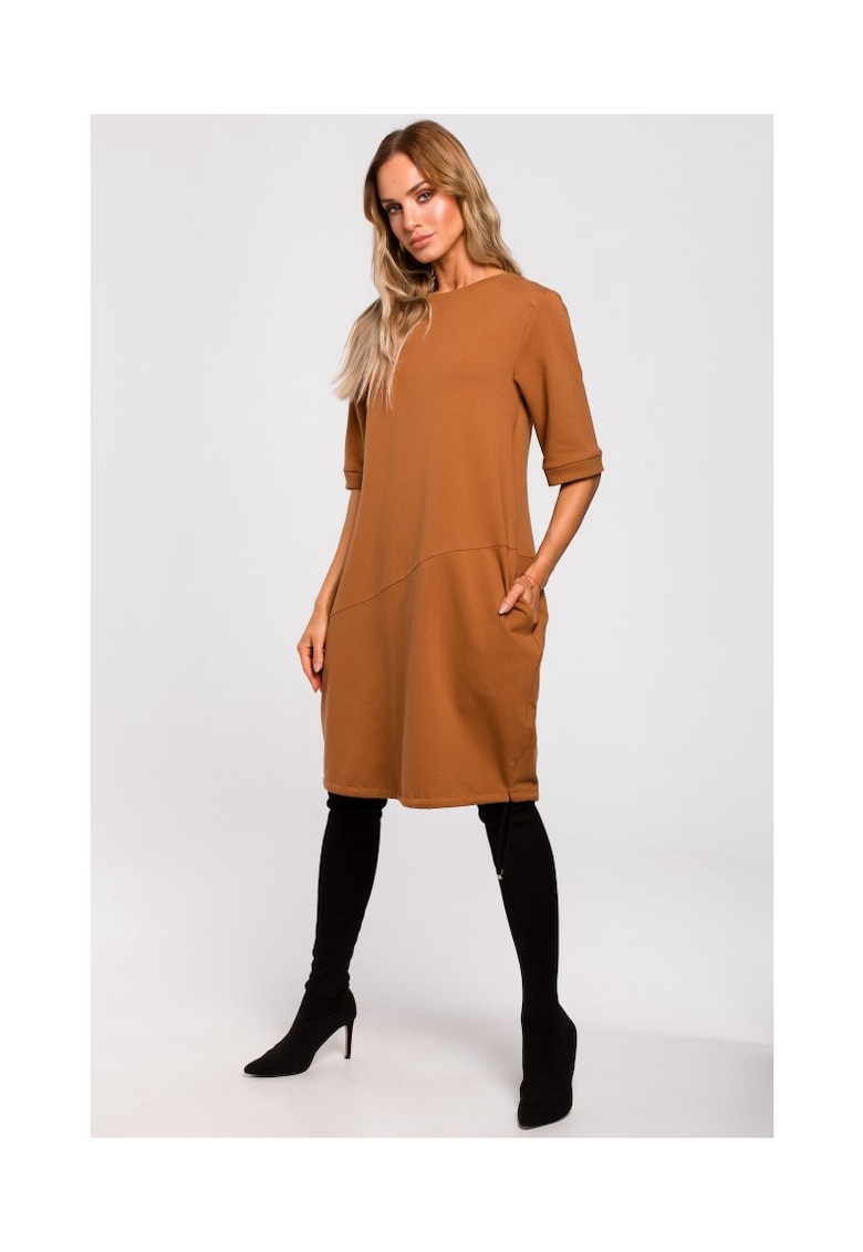 Rochie de dama - Cu buzunare - Bumbac - Elastan - Caramel - Caramel