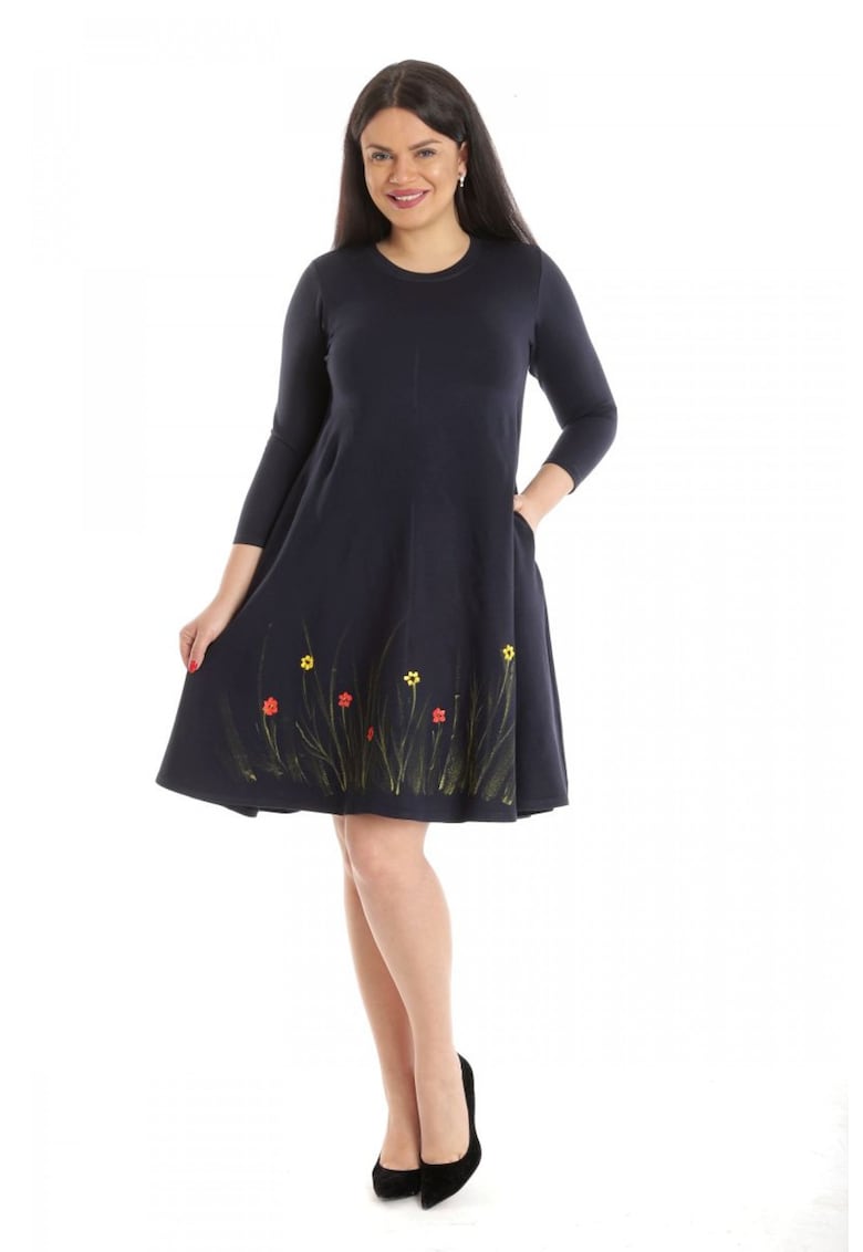 Rochie de dama cu buzunare - bleumarin - pictata manual
