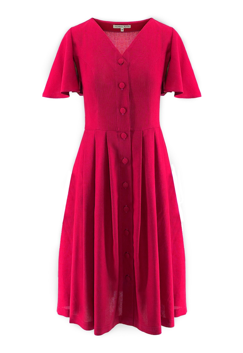 Rochie din amestec de in cu decolteu in V - Roz zmeuriu