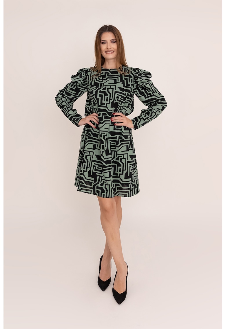 Rochie din amestec de in cu model Yara - Verde/Negru