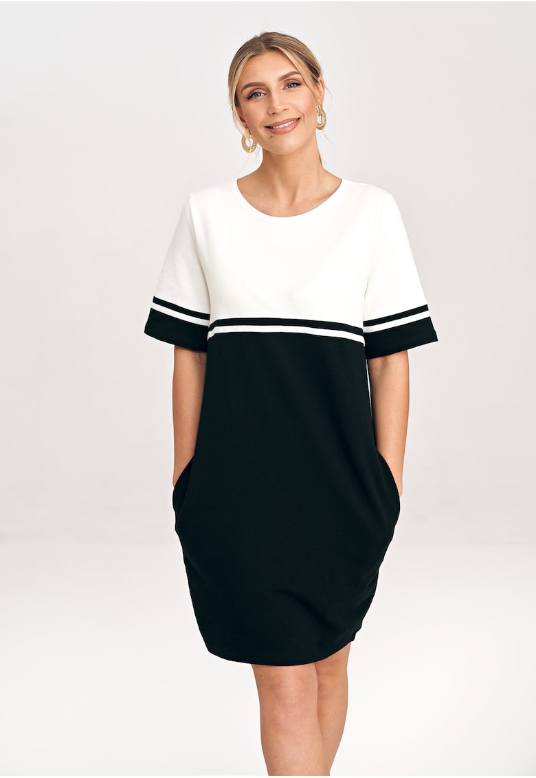 Rochie din bumbac M1028 - doua tonuri - maneci scurte - buzunare - alb/negru
