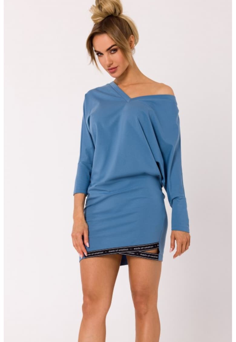 Rochie din bumbac cu bordura si decolteu in V - - Albastru
