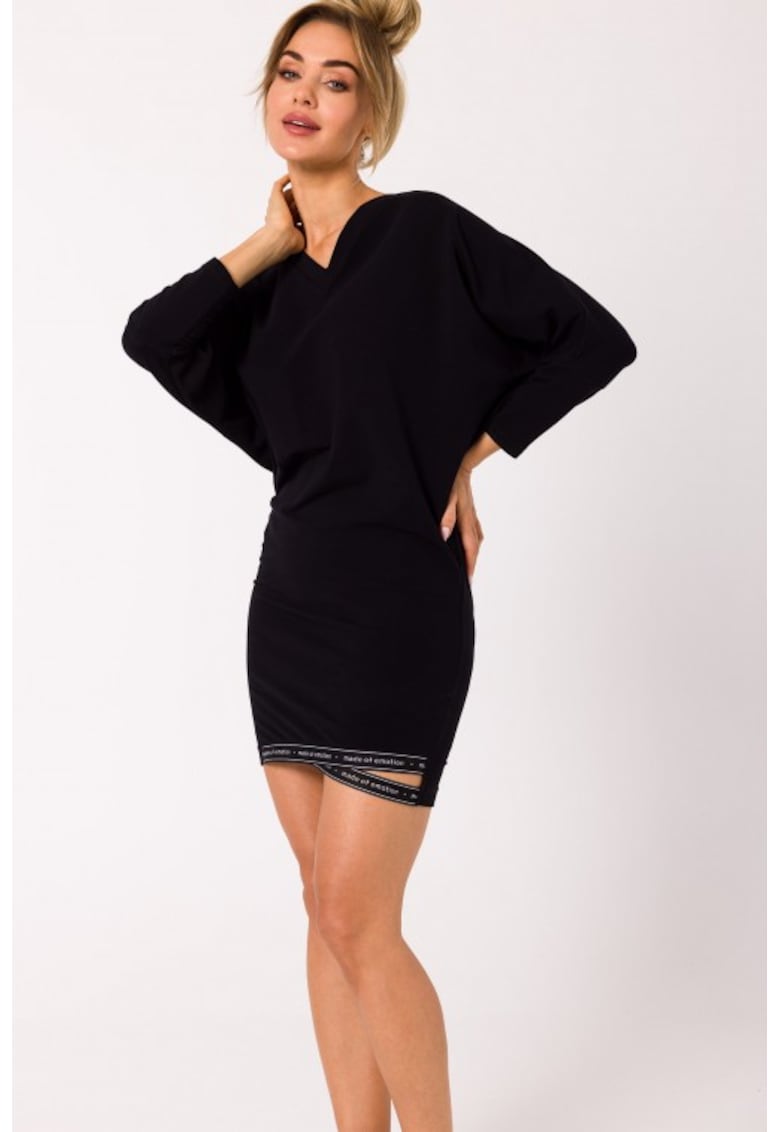 Rochie din bumbac cu bordura si decolteu in V - - Negru