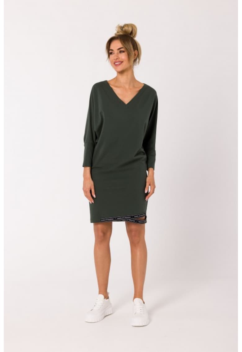 Rochie din bumbac cu bordura si decolteu in V - - Verde