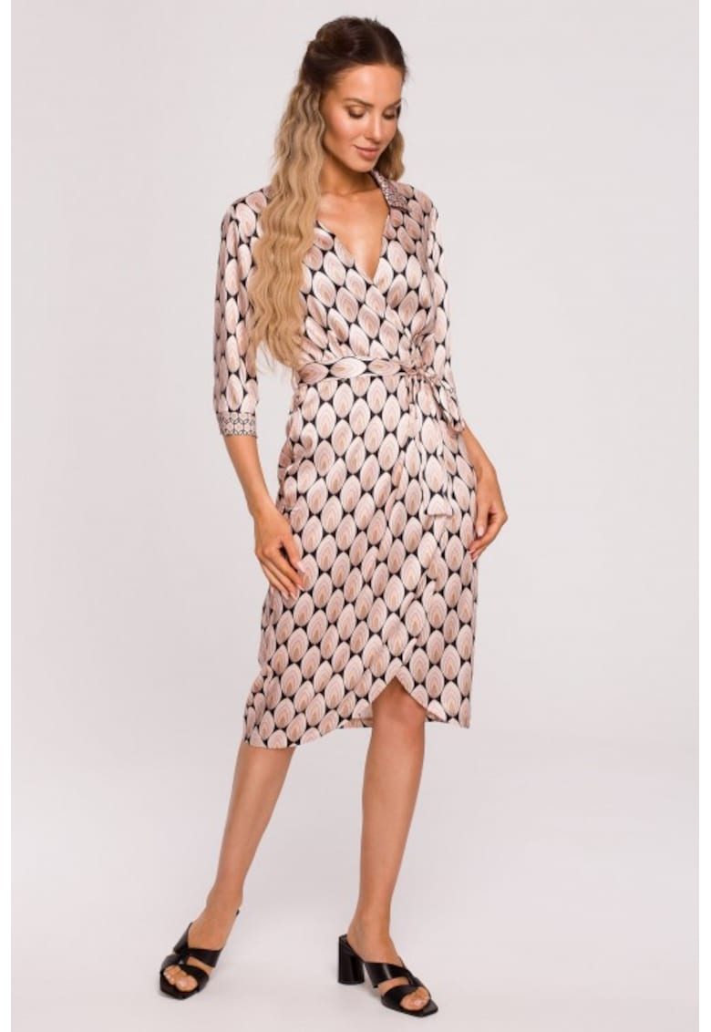 Rochie din satin imprimata cu maneci 3/4 - - Alb