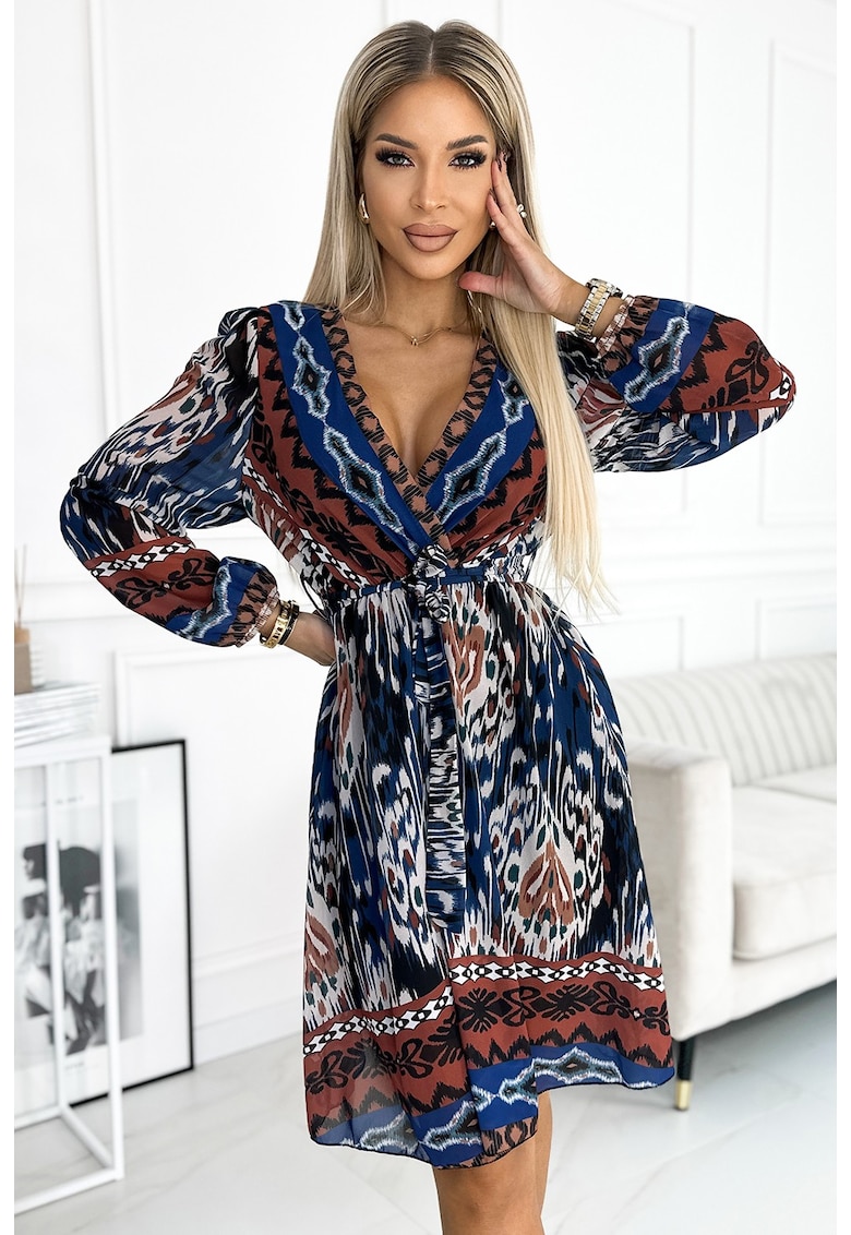 Rochie din sifon cu maneca lunga - - Multicolor