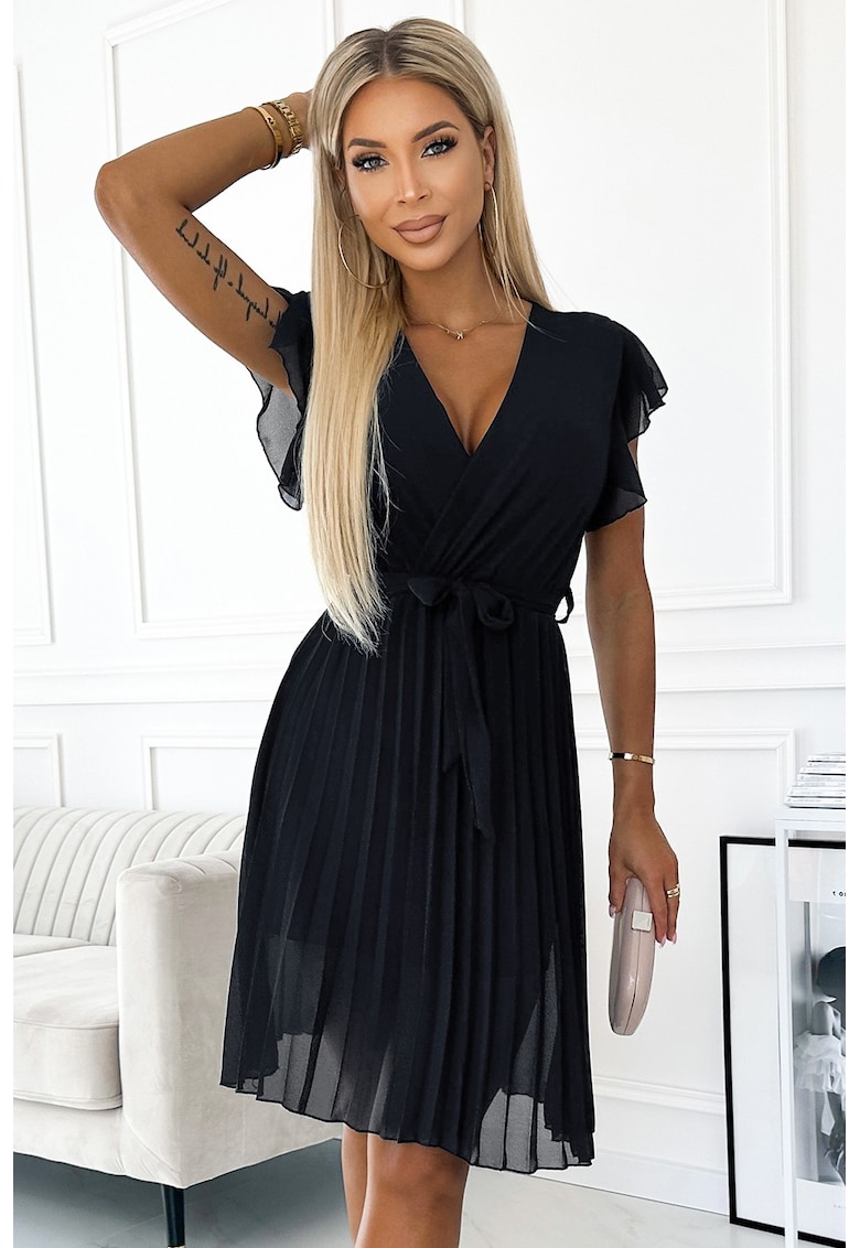 Rochie din sifon cu volanase pe umeri - - Negru