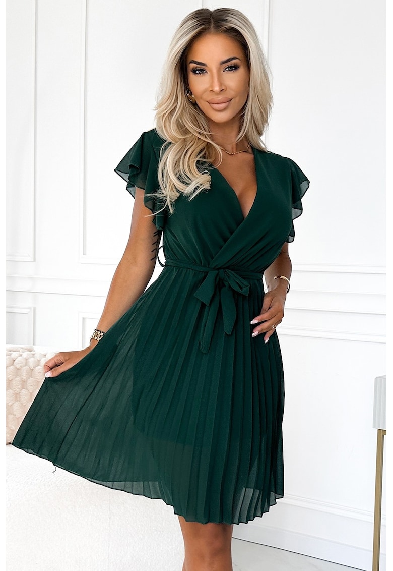 Rochie din sifon cu volanase pe umeri - - Verde sticla