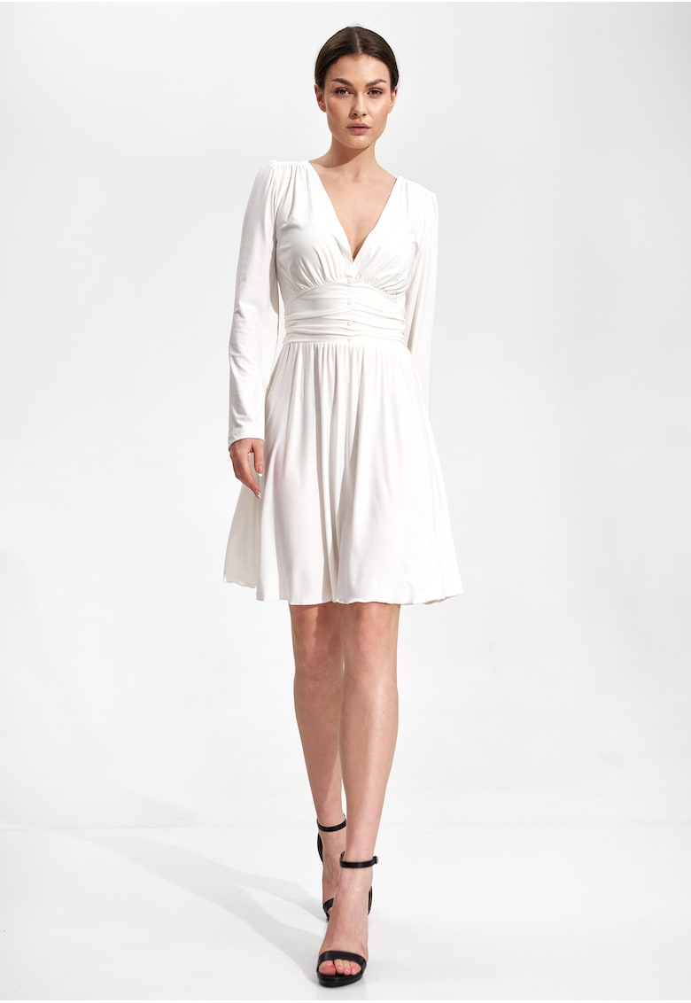 Rochie eleganta M861 - ecru - maneci lungi - croiala evazata - poliester 95% elastan 5%