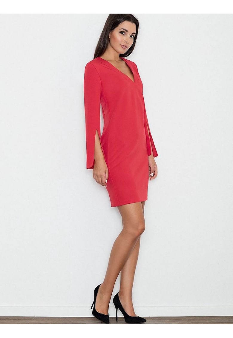 Rochie eleganta - croiala dreapta - maneci cu fante - rosu - poliester-viscosa