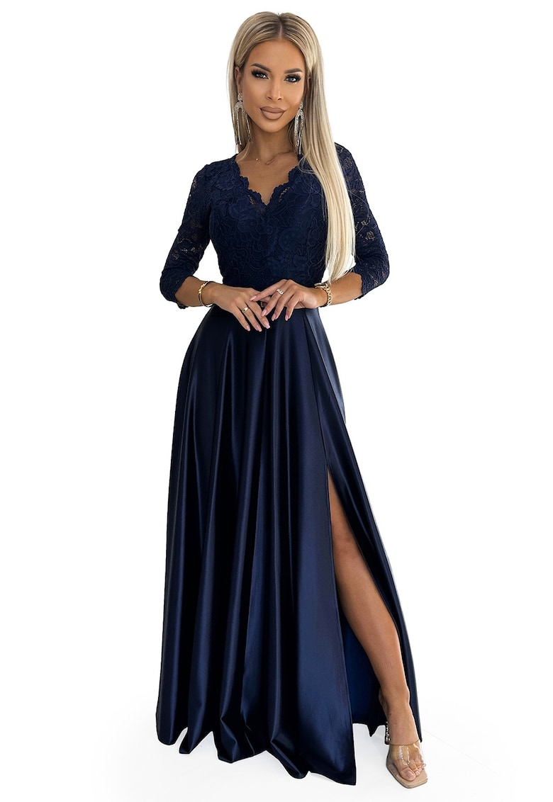 Rochie eleganta lunga din satin - cu top din dantela si crapatura la picior - albastru inchis - Albastru inchis