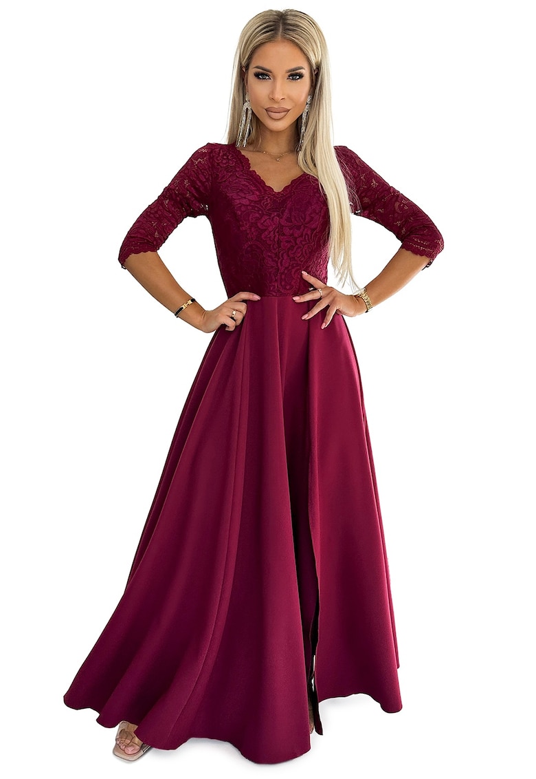 Rochie eleganta - lunga - visiniu - cu top din dantela si fante la picior - Visiniu