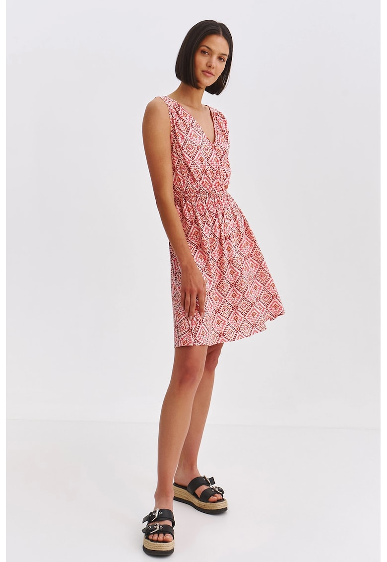 Rochie evazata cu decolteu in V si imprimeu geometric - Rosu/Alb fildes