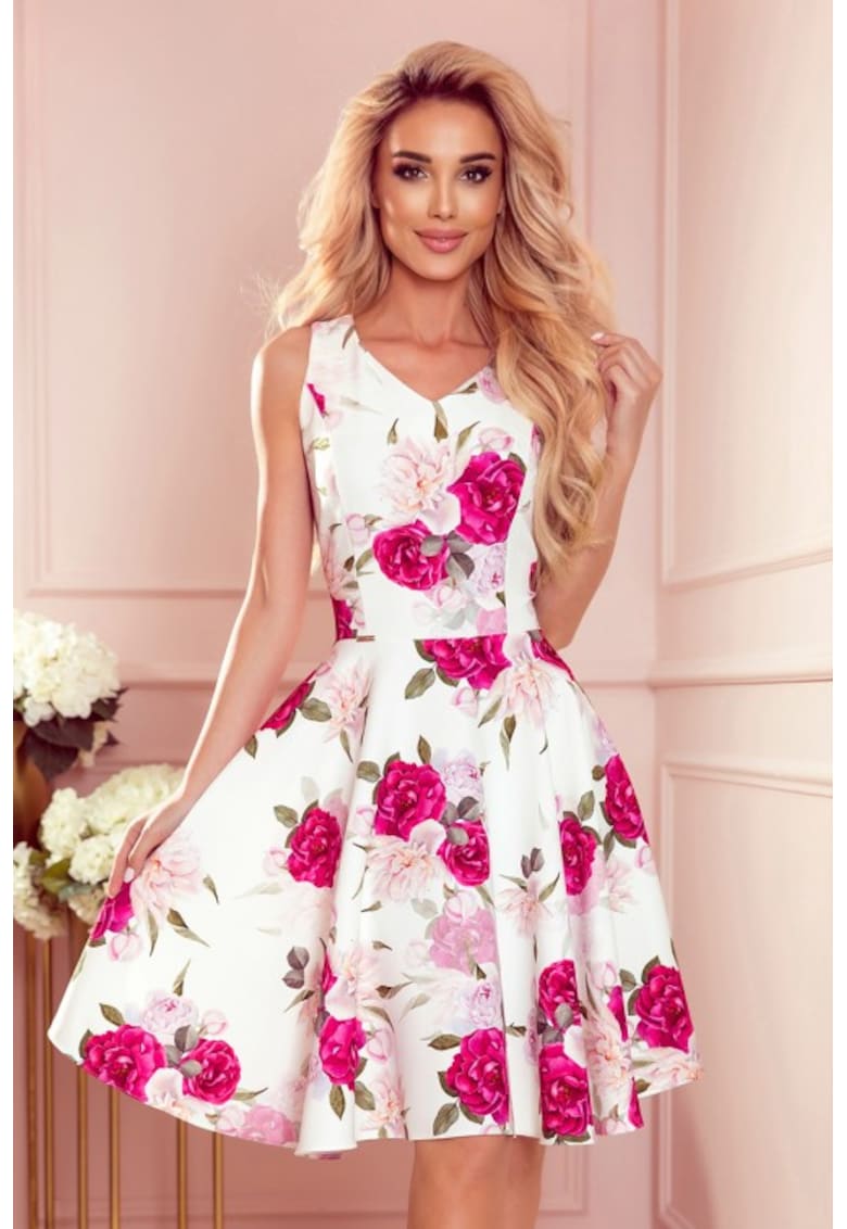 Rochie evazata cu decolteu in forma de inima - - Alb/Roz