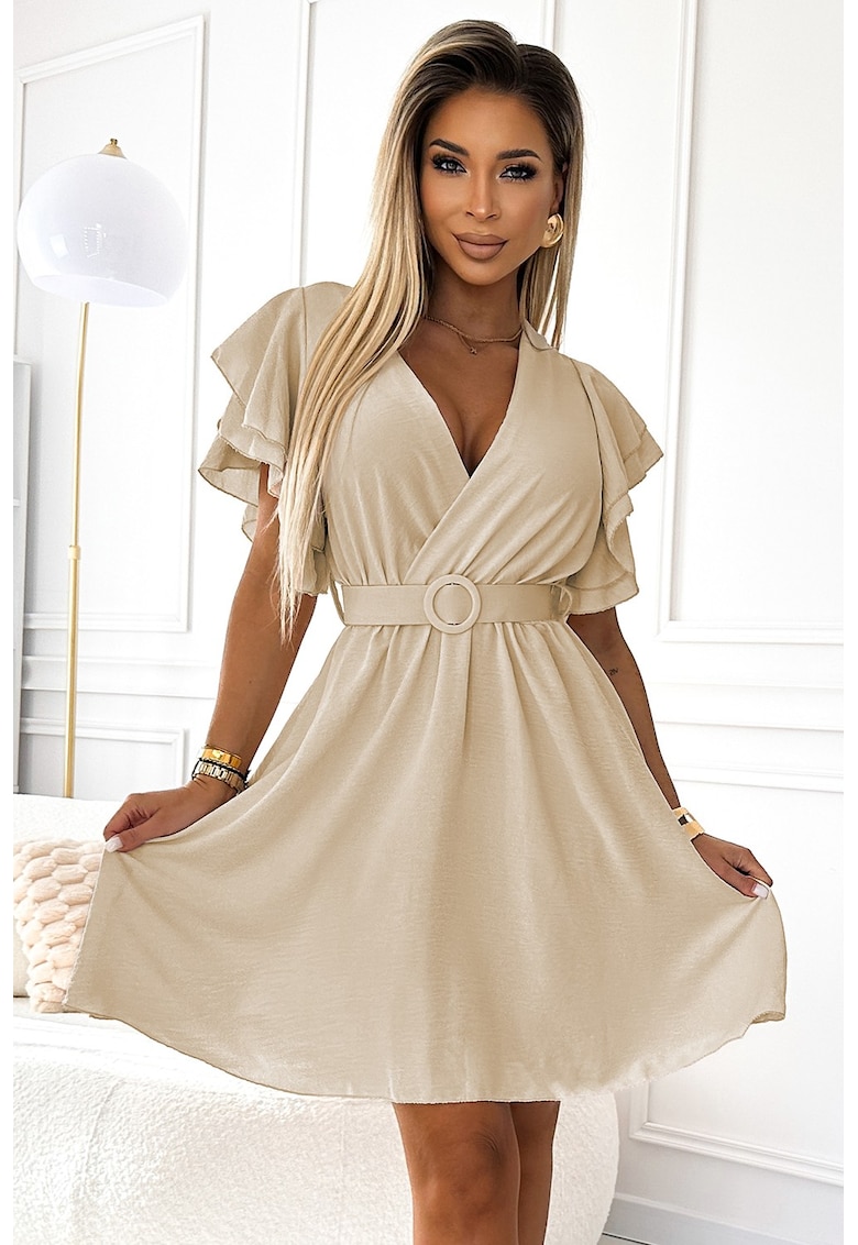 Rochie evazata cu decolteu petrecut si maneca fluture - - Bej