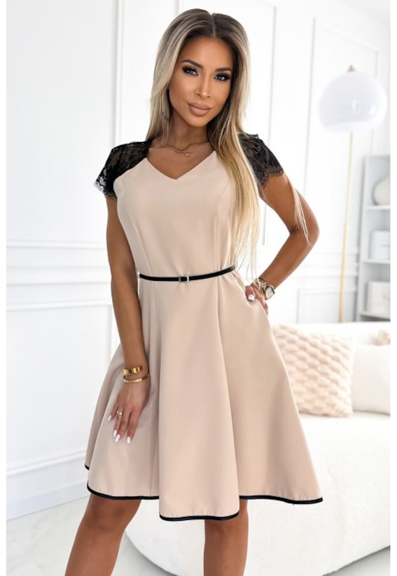 Rochie evazata cu insertii din dantela - - Bej
