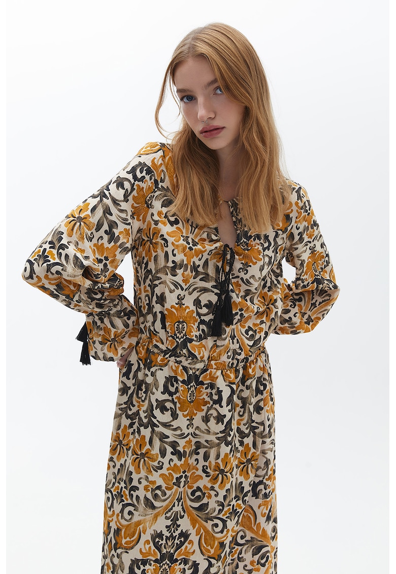 Rochie evazata cu model floral - Maro/Portocaliu/Crem