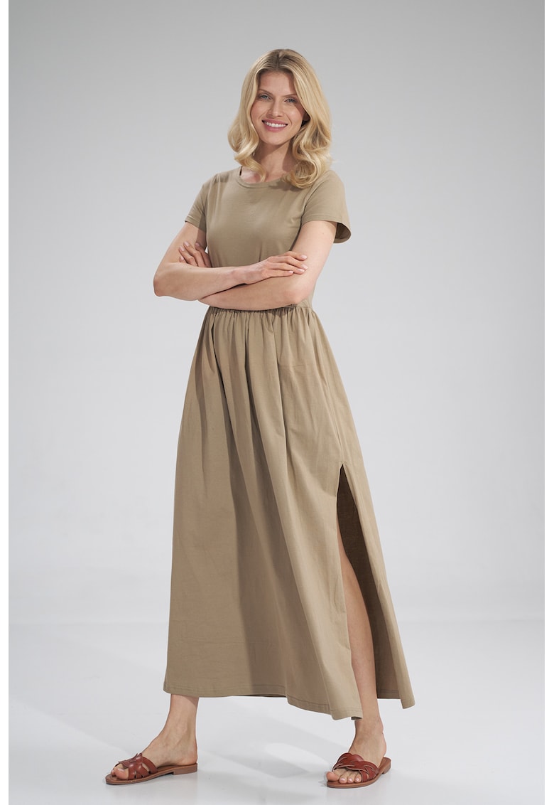 Rochie lunga - bej - cu fanta - bumbac