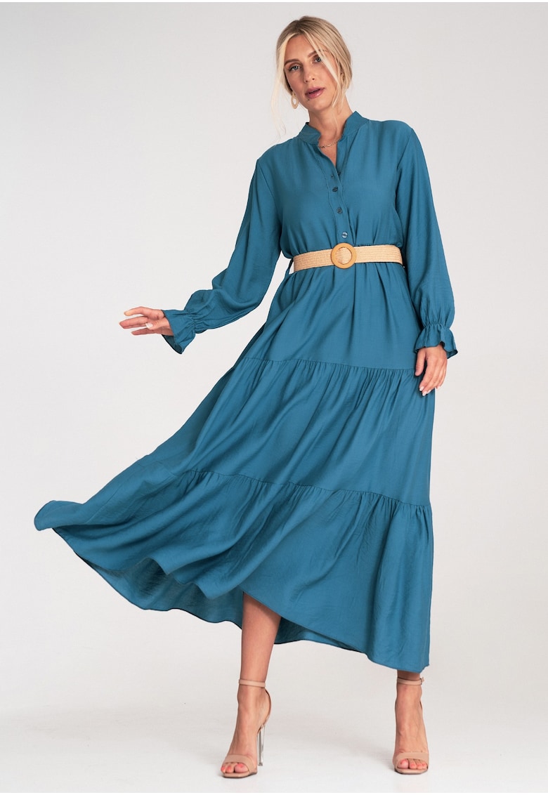Rochie lunga casual cu volane - albastra - material usor -