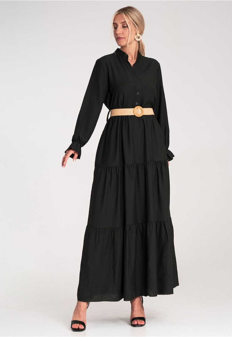Rochie lunga casual cu volane - neagra - cu curea -