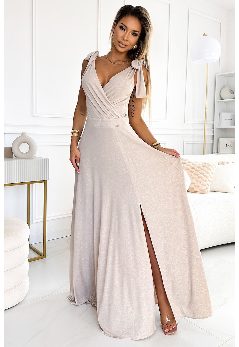 Rochie lunga cu bretele legate pe umeri - - Bej