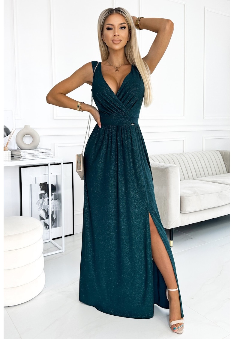 Rochie lunga cu decolteu si crapatura pe picior - - Verde sticla