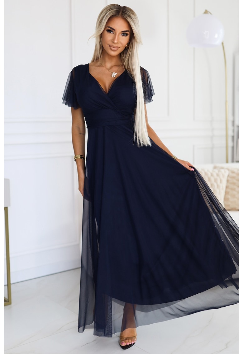 Rochie lunga cu decolteu si maneca scurta - - Albastru marin