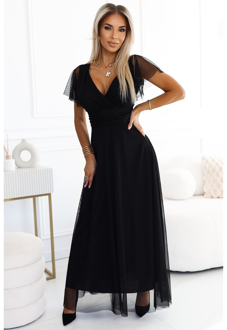 Rochie lunga cu decolteu si maneca scurta - - Negru