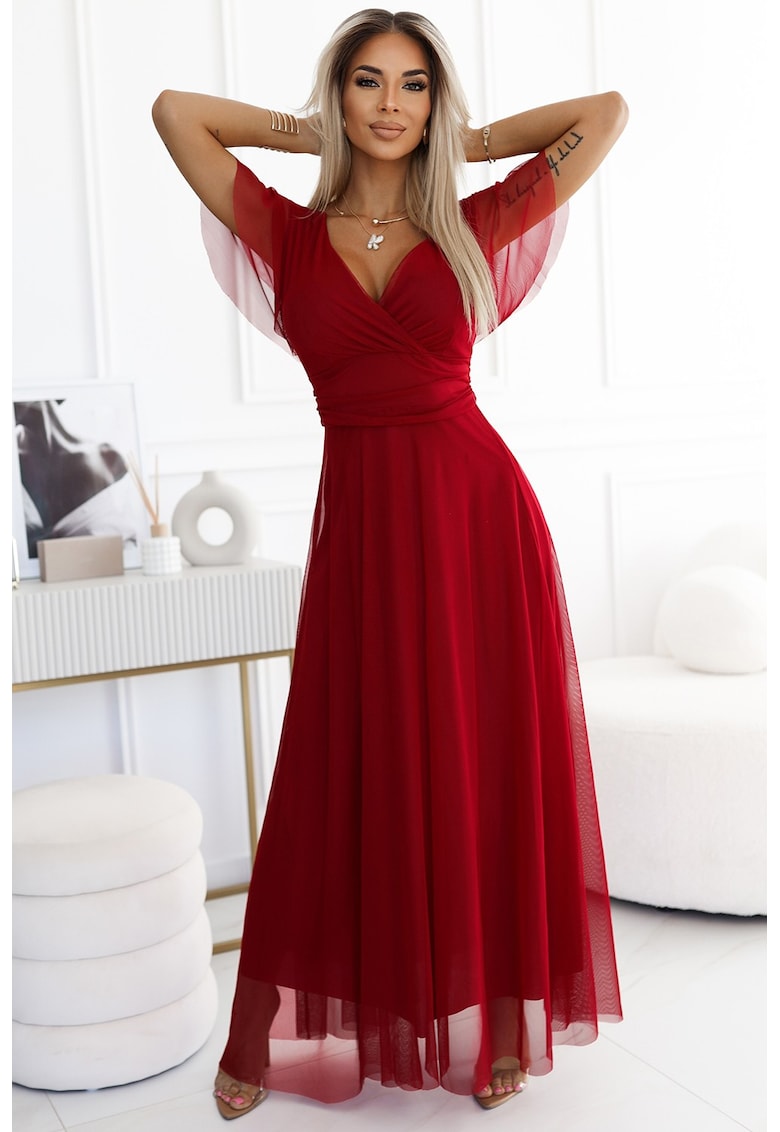Rochie lunga cu decolteu si maneca scurta - - Rosu inchis
