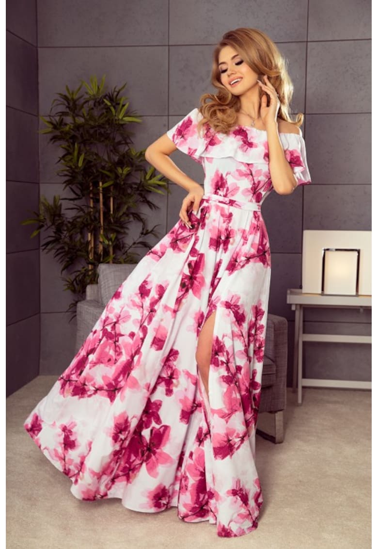 Rochie lunga cu decolteu spaniol - - Alb/Roz
