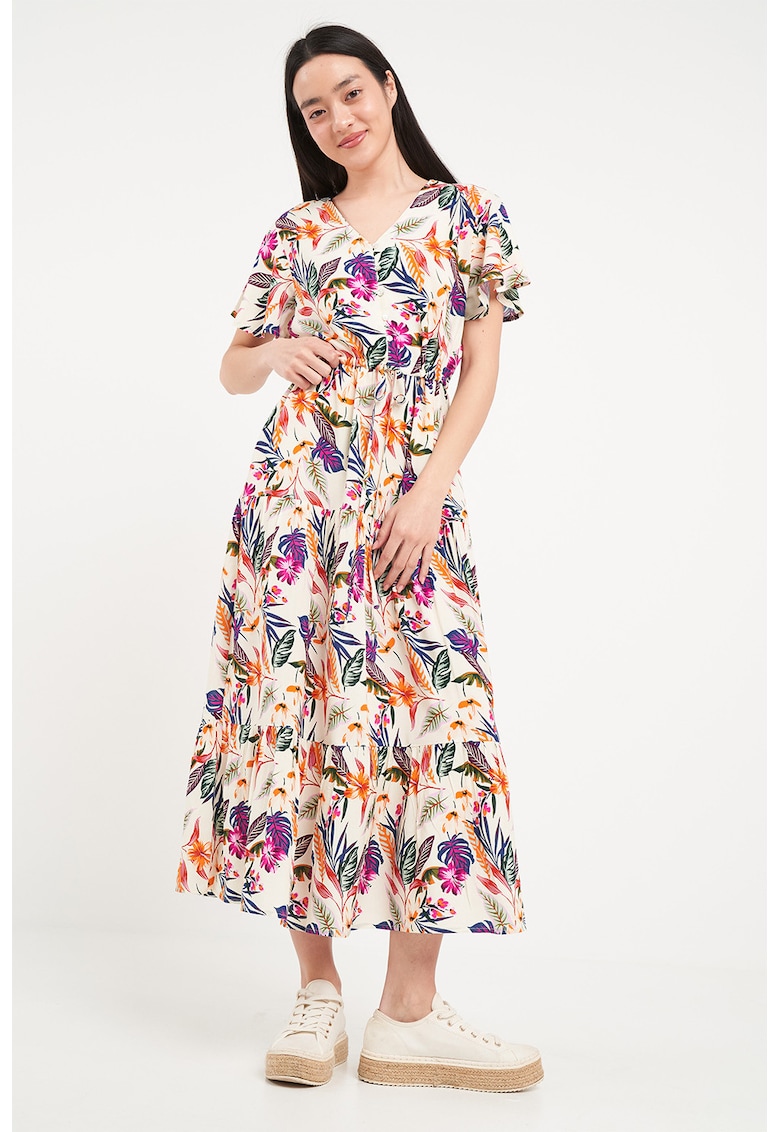 Rochie lunga cu model floral si decolteu in V - Alb fildes/Portocaliu/Violet