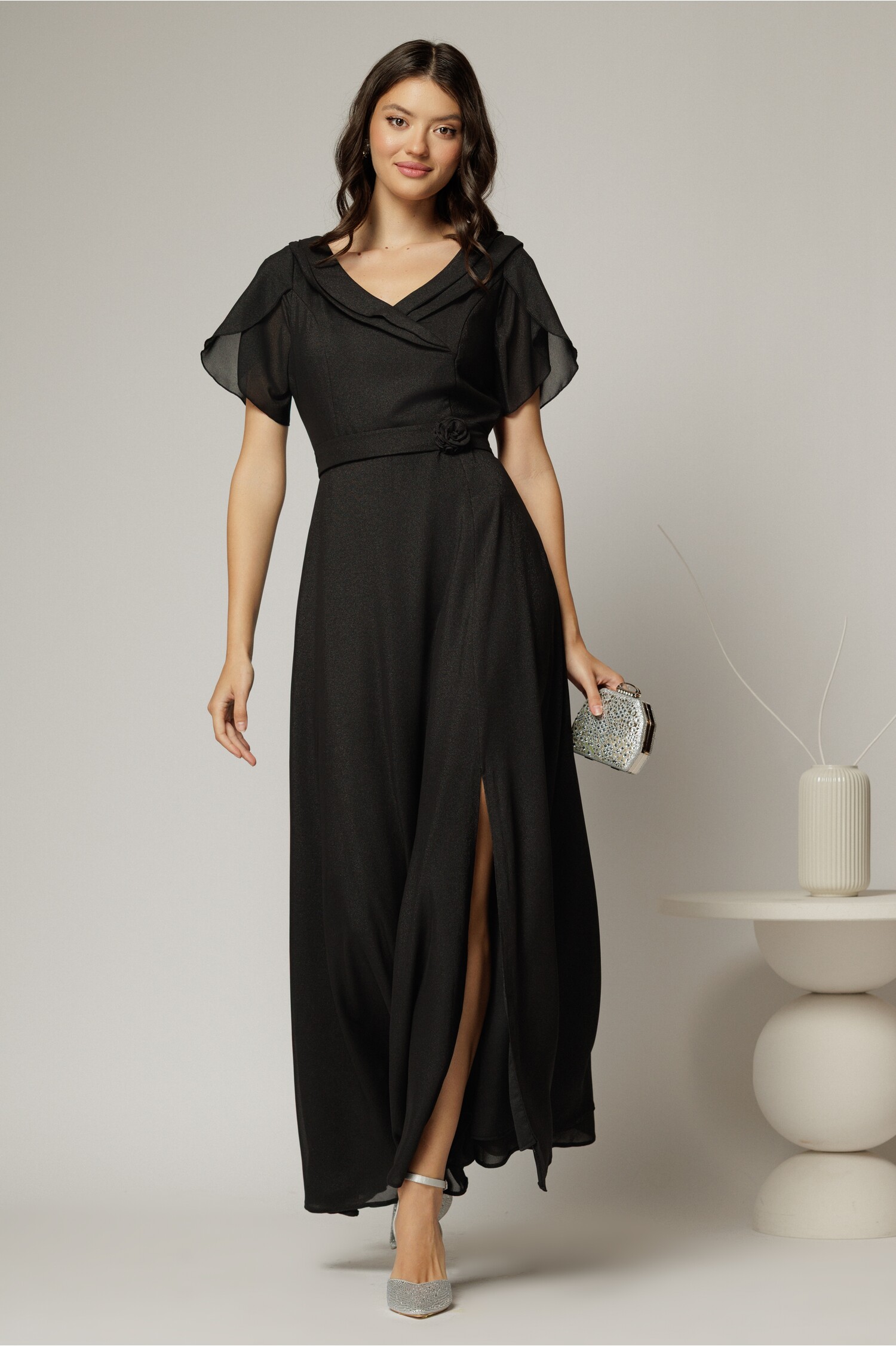 Rochie lunga de ocazie neagra din voal sidefat