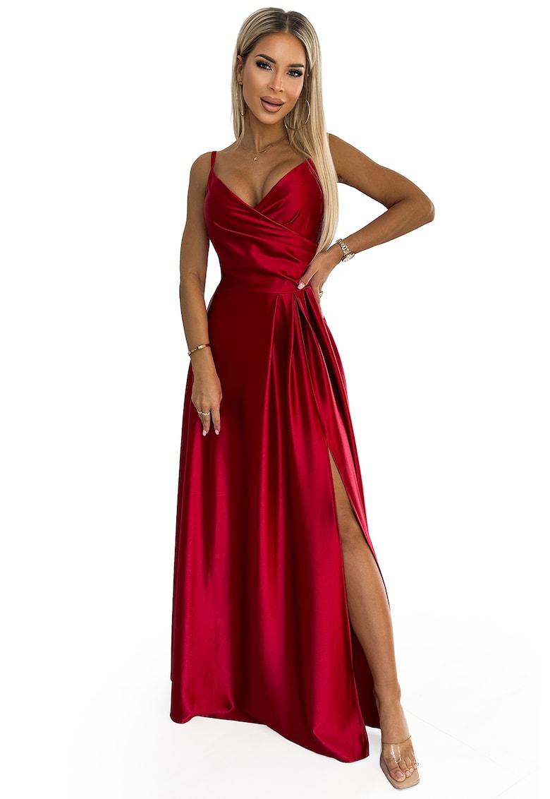 Rochie lunga din satin cu bretele si crapatura - Rosu