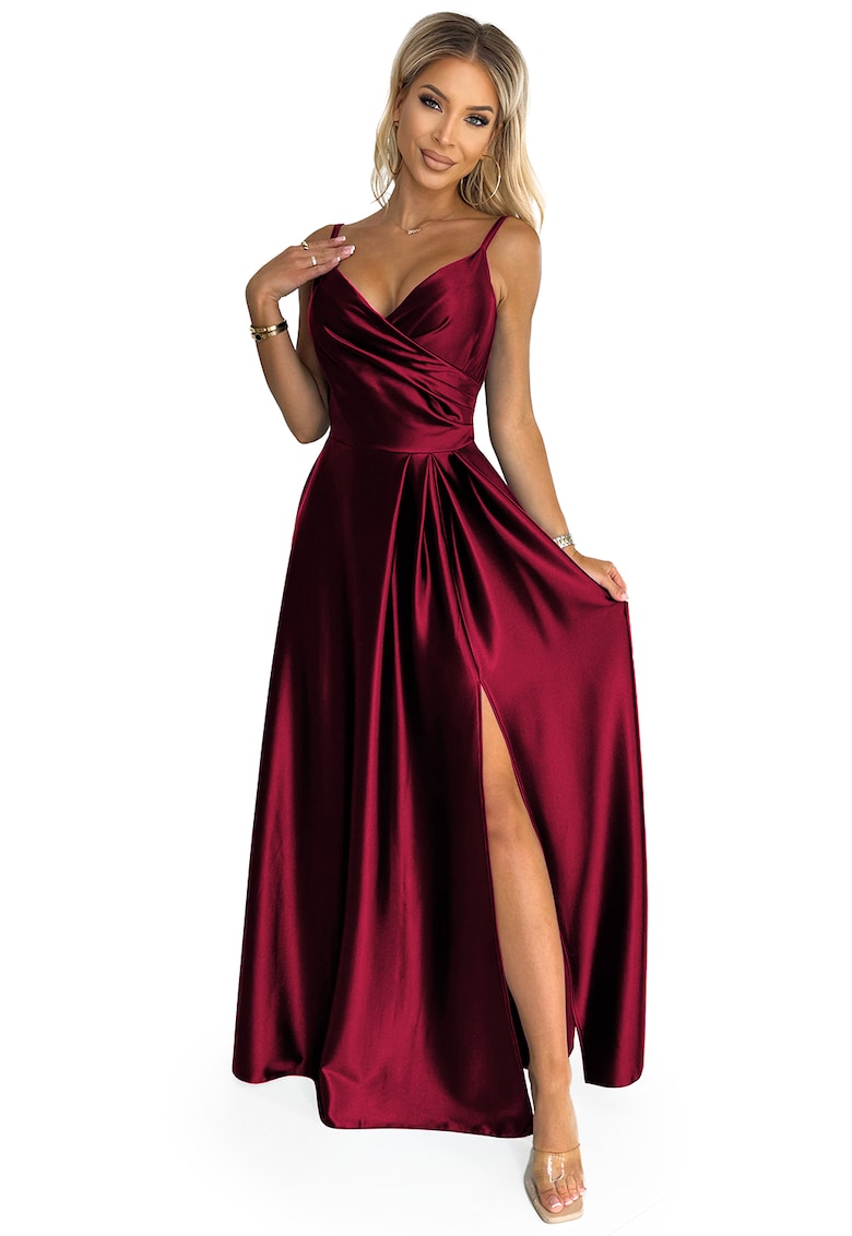 Rochie lunga din satin cu bretele si crapatura - Visiniu