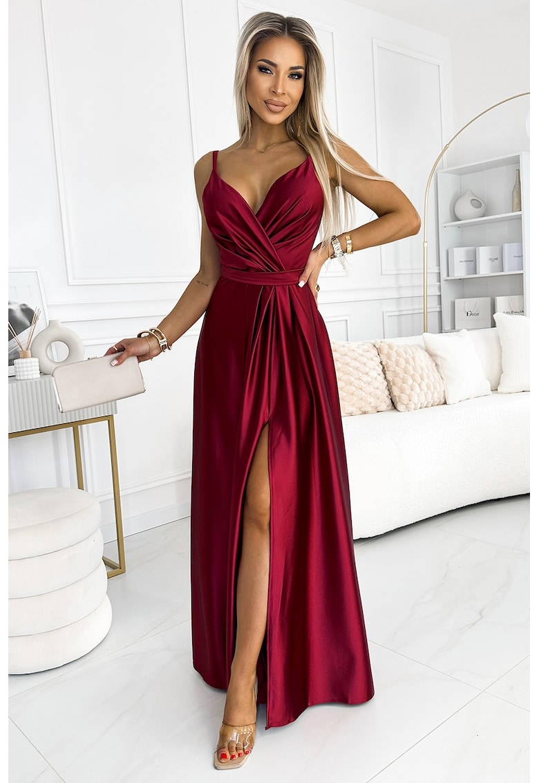 Rochie lunga din satin cu crapatura pe picior - - Rosu inchis