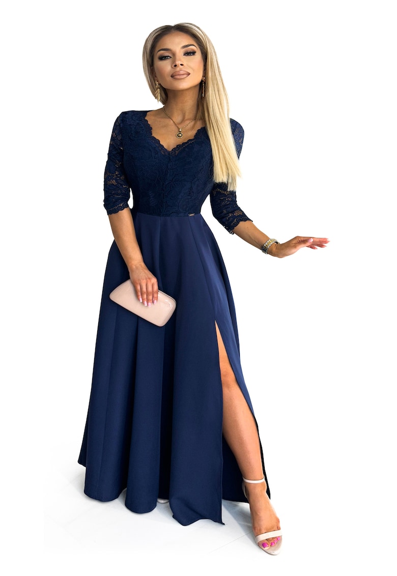 Rochie lunga eleganta din dantela cu crapatura pe picior - Bleumarin