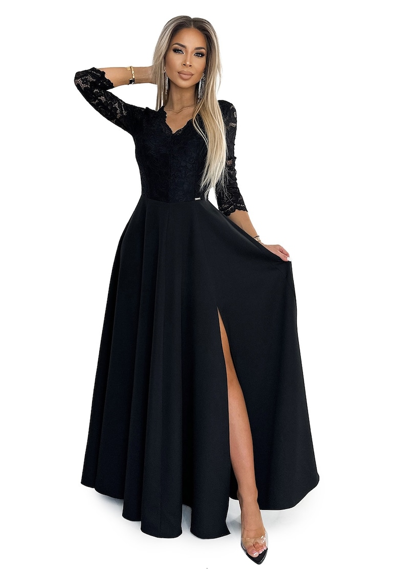 Rochie lunga eleganta din dantela cu crapatura pe picior - Negru