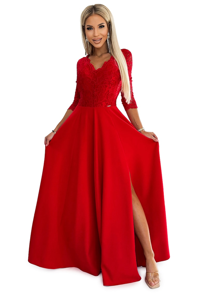 Rochie lunga eleganta din dantela cu crapatura pe picior - Rosu