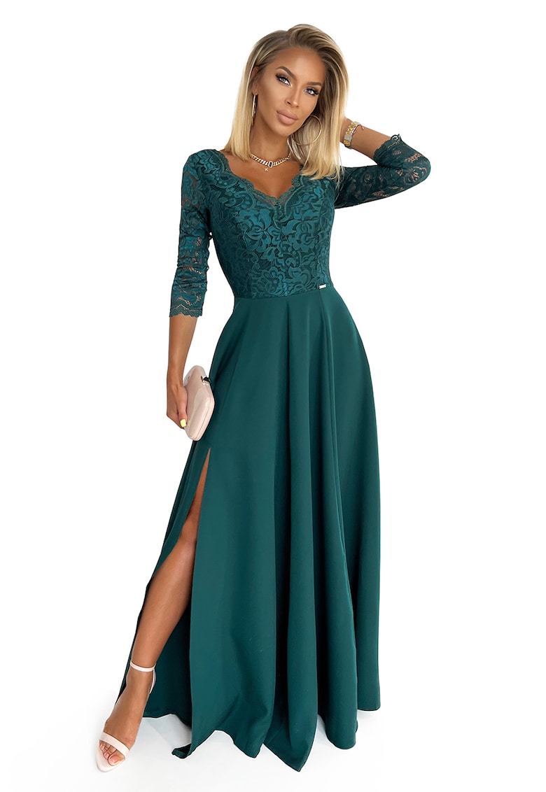 Rochie lunga eleganta din dantela cu crapatura pe picior - Verde