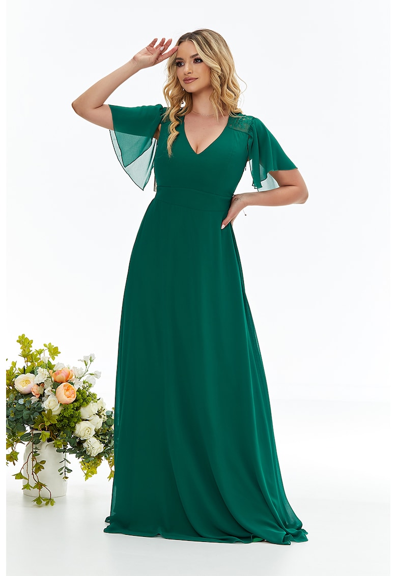 Rochie maxi cu decolteu in V si segment brodat pe partea din spate - Verde persan
