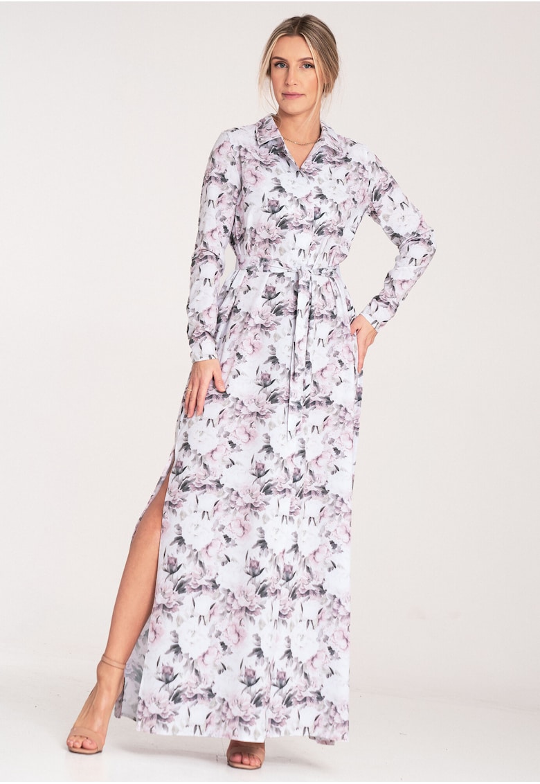 Rochie maxi cu nasturi - florala - alb-roz - poliester-elastan