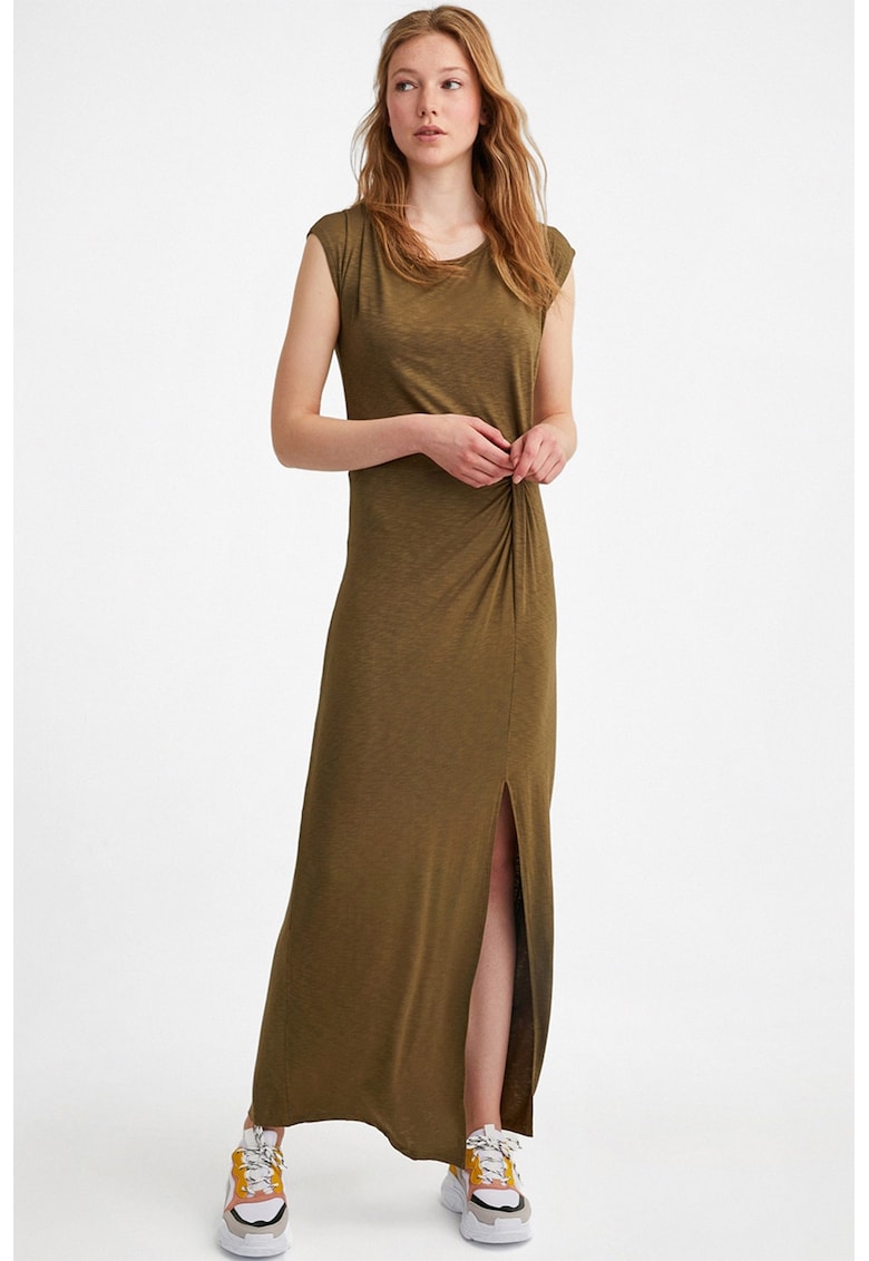 Rochie maxi cu slit lateral si fronseuri - Verde masliniu