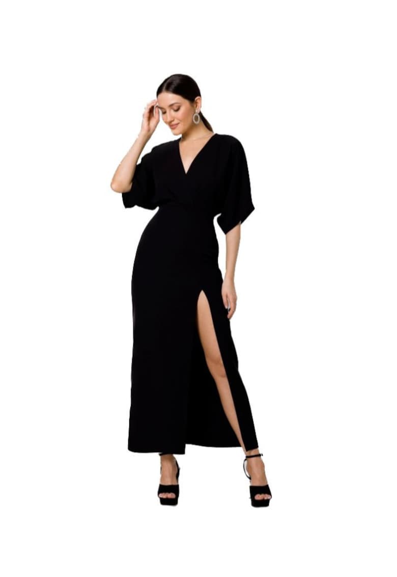 Rochie maxi cu taietura frontala - - Negru