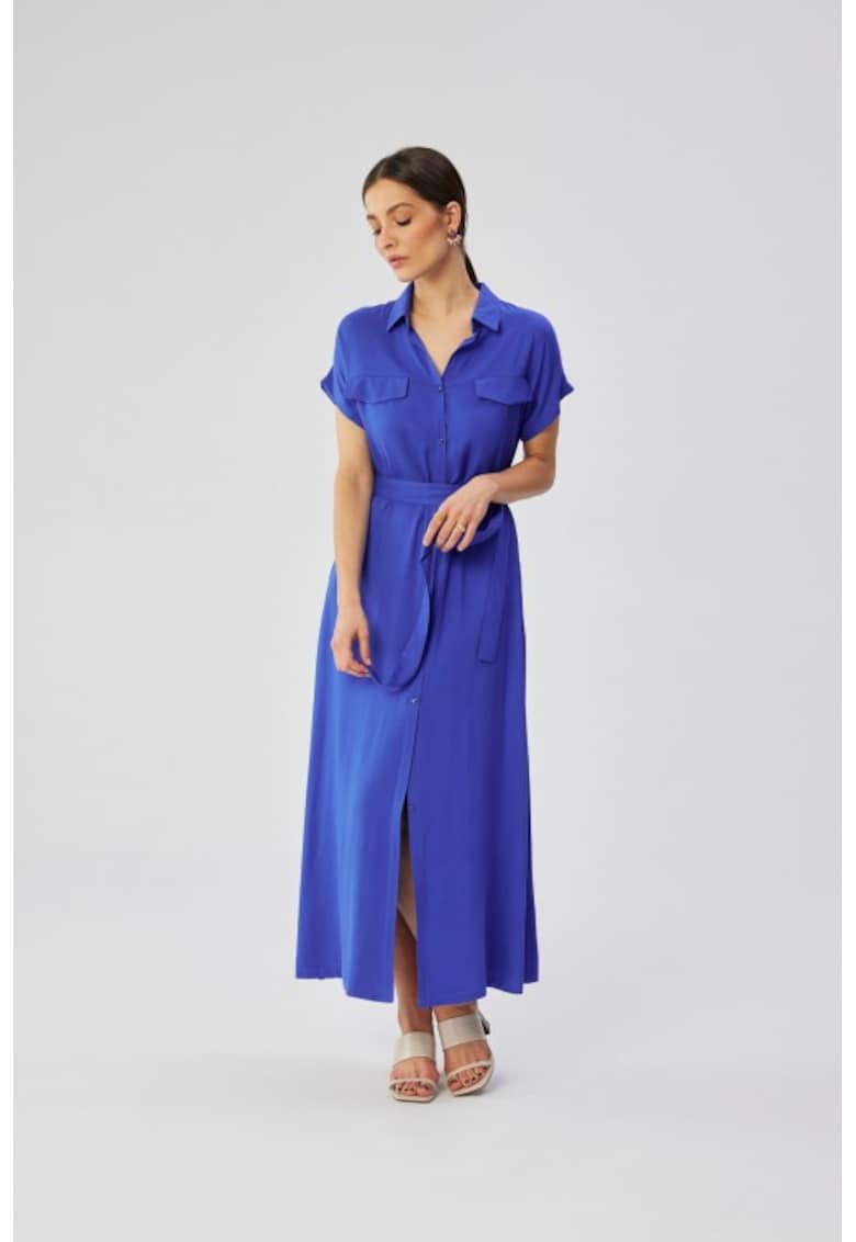 Rochie maxi din vascoza cu maneci scurte - - Albastru