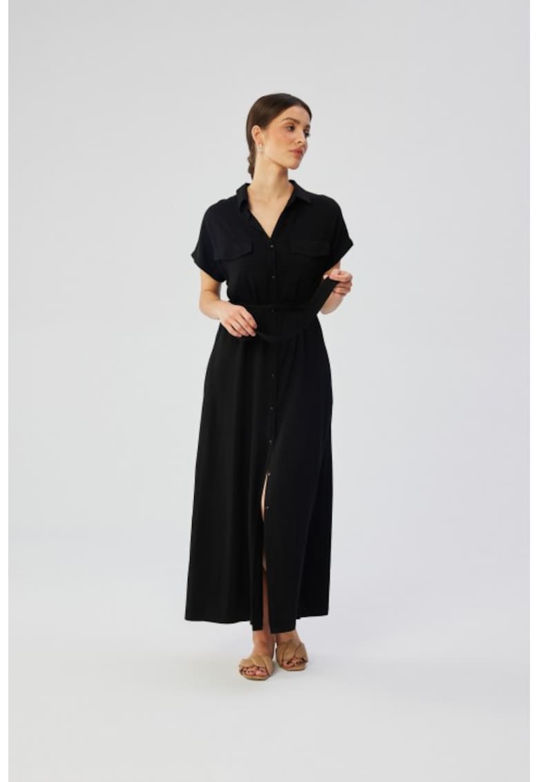 Rochie maxi din vascoza cu maneci scurte - - Negru