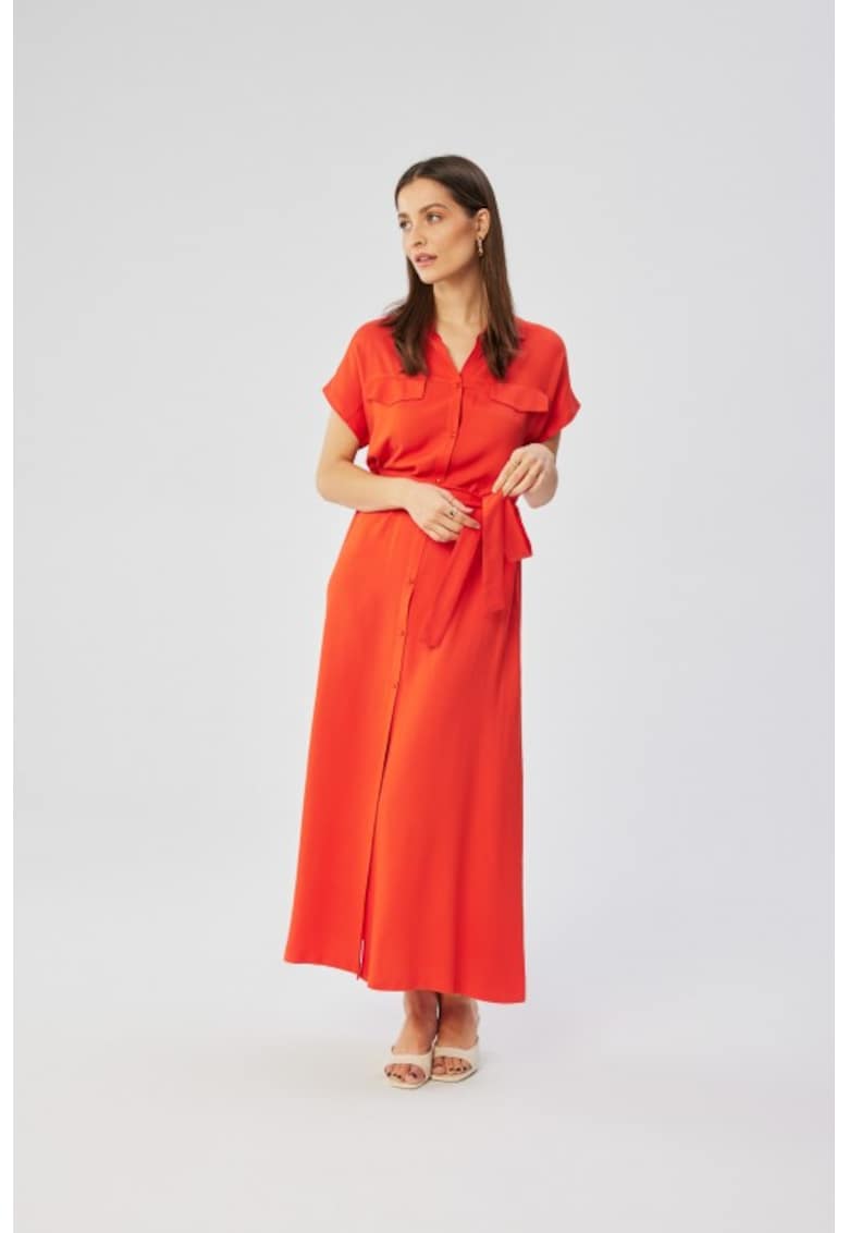 Rochie maxi din vascoza cu maneci scurte - - Portocaliu