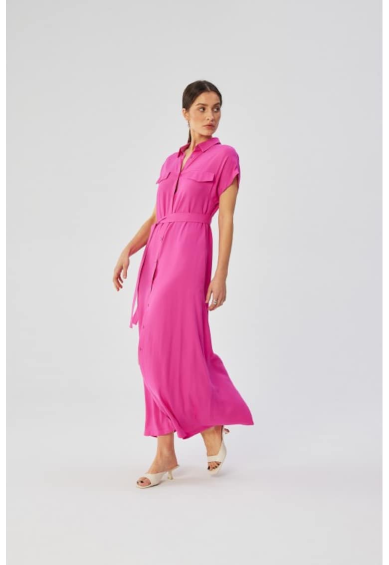 Rochie maxi din vascoza cu maneci scurte - - Roz