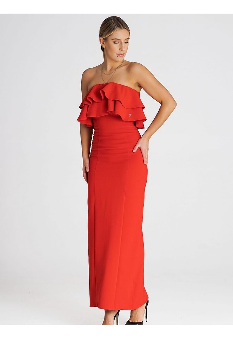 Rochie maxi eleganta - volane duble - rosu - elastan - poliester - viscoza