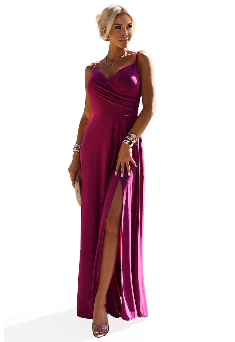 Rochie maxi lunga - eleganta - brocart fucsia - cu fanta - Fucsia